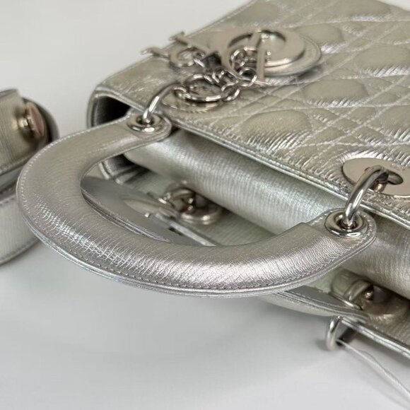 Dior Silver Leather Medium Lady Dior Shoulder Bag with Quilted Design - Picture 11 of 12